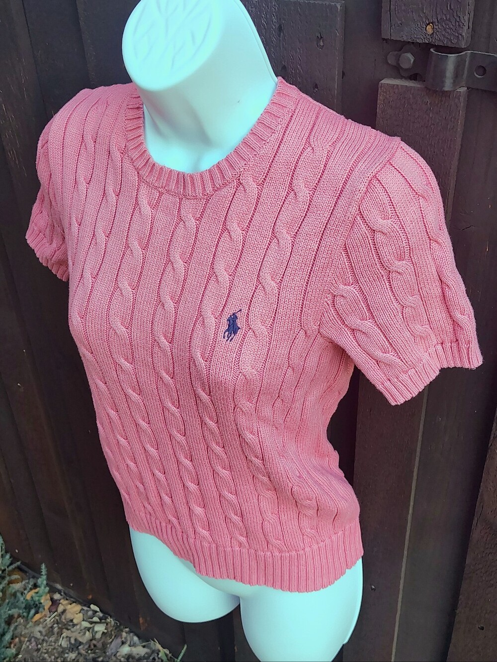 Ralph Lauren Salmon Pink Cable-Knit Crewneck Sweater with Navy Pony